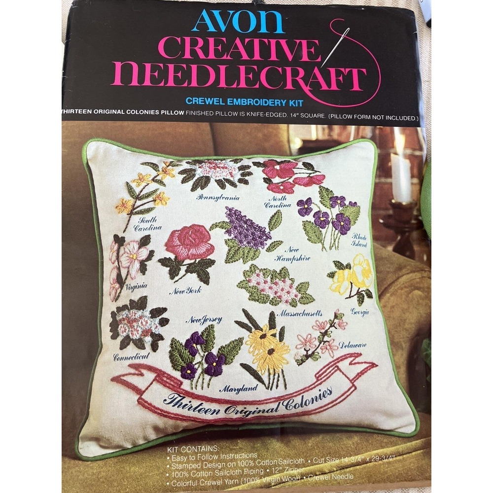 Avon Creative Needlecraft *Thirteen Original Colonies Crewel Pillow 1974 New
